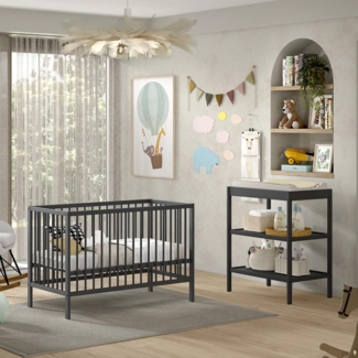 Set aus Babybett und Wickelregal Dino 124.4 x 84.4 x 65.4 cm Buche Anthrazit