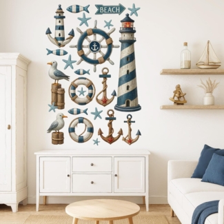 Sunnywall Wandtattoo Aufkleber Maritim Set – Leuchtturm, Möwen, Anker & Seesterne, selbstklebend, konturgeschnitten, rückstandslos entfernbar