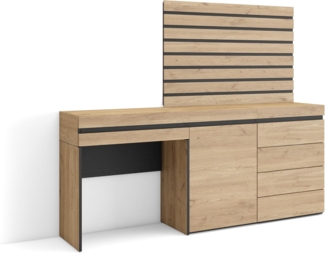 Skraut Home | Schminktisch | Frisiertisch mit Stauraum | 177 x 145 x 35 cm | mit Schublade | Kommode mit Schubladen | Lamellenwand Holz | Moderner Stil | Eiche
