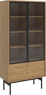 Selsey Vitrine Glas Vitrinenschrank Glasvitrine Wohnzimmer Glastür Hoch 85 cm 2 Schubladen 4 Fächer Hickoryholz Natur Olar