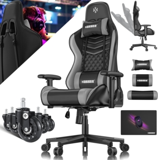 KESSER® Gamingstuhl mit Kopfstütze & Lendenkissen | Ergonomischer Gaming Sessel 150kg belastbar | Gamer Stuhl 360° Armlehne | Drehbarer Schreibtischstuhl Gaming Chair mit Mauspad + Gummi-Rollen Schwarz / Grau