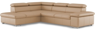 CAVADORE Echtleder-Eckcouch Valerie mit Ottomane / Ecksofa mit Kopfteilverstellung + Metallfüßen / 272 x 73 x 226 / Leder Beige