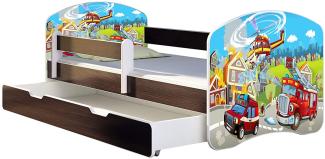 ACMA Kinderbett Jugendbett mit Einer Schublade und Matratze Wenge mit Rausfallschutz Lattenrost II 140x70 160x80 180x80 (36 Feuerwehr, 140x70 + Bettkasten)