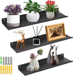 Uten Wandregal Metall Schwarz, Schweberegal Industrial 3er Set, Metallregale für Fotos, Büchern Deko, für Wohnzimmer, Schlafzimmer, Badezimmer, Küche, Länge