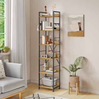 YITAHOME Bücherregal mit 6 Ebenen, Industrielles Standregal, Metallrahmen und Holzregale, Hohes Lagerregal mit 4 Haken, Präsentationsorganizer, für Wohnzimmer, Heimbüro, Eichenfarbe Regal
