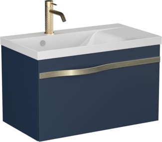 BADEDU FILS Waschbecken mit Unterschrank 69 cm breit, Blau, Waschbecken Gussmarmor Weiß, Griff Silber