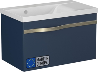 BADEDU FILS Waschbecken mit Unterschrank 69 cm breit, Blau, Waschbecken Gussmarmor Weiß, Griff Silber