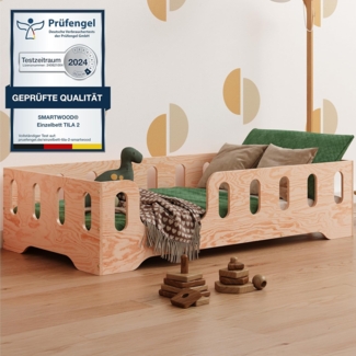 smartwood Bodenbett 70x140 Montessori Kinderbett aus Holz mit FSC-Zertifikat TILA 2L mit Rausfallschutz & Lattenrost bis 230kg belastbar - Einfache Montage