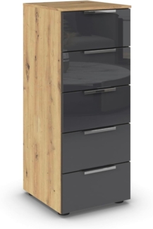 Rauch Möbel Flipp, Kommode für Schlafzimmer, Kinderzimmer, Wohnzimmer, Jugendzimmer, Flur, Garderobe, 5 Schubladen, mit Softclose Funktion, Farbe Eiche Artisan, Holz/Glas basalt, Schwarz, Breite 40 cm