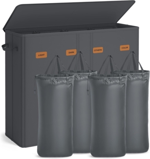 SONGMICS Wäschekorb mit 4 Fächern, 210 L, mit Deckel, 5 Etiketten, herausnehmbarer und waschbarer Innensack, Waschküche Schlafzimmer, dunkelgrau