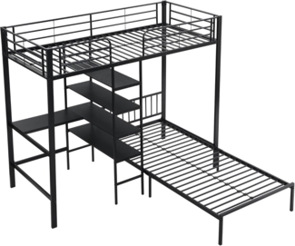 SOFTWEARY Etagenbett mit 2 Liegeflächen und Schreibtisch (90x200 cm), Kinderbett mit Rausfallschutz, Metallbett