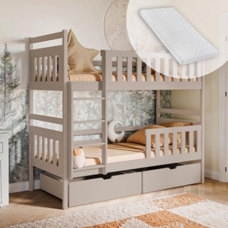 Kids Collective Hochbett 80x180, 90x200 cm mit 2 Schubladen Kinderbett mit Rausfallschutz Lattenrost, umbaubar in 2 Kinderbetten, Kaschmir, 200x90, mit Matratze