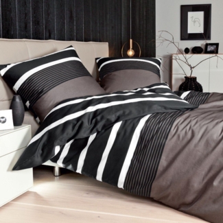 Janine Bettwäsche Davos 65030 07 nougat schwarz Feinbiber 155 x 220 + 80 x 80 cm