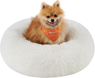 Feandrea Hundebett flauschig, Katzenbett, Donut Kissen, waschbar, Polsterung in der Mitte herausnehmbar, Langer Plüsch, 60 cm Durchmesser, wolkenweiß PGW038W01