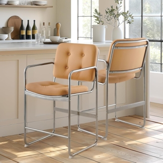 COLAMY Modernes Essstuhl-Set 2er, Knopfgepolsterter PU-Leder-Esszimmerstuhl mit Metallbeinen für Zuhause/Wohnzimmer/Büro/Esszimmer, Braun