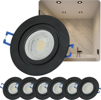 Sweet LED LED Einbaustrahler 6er Set IP44 7W dimmbar Deckenspots Bad & Küche schwarz 230V, LED fest integriert, warmweiß, GU10, IP44, Deckenspots, Deckenstrahler, Einbauleuchten