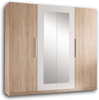 Stella Trading MARTINA Schlichter Kleiderschrank 4-türig - Vielseitiger Drehtürenschrank mit zwei Spiegeltüren in Eiche Sonoma Optik, weiß - 228 x 213 x 59 cm (B/H/T)