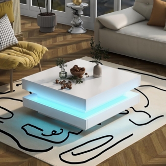 FurnitureR Quadratischer Couchtisch in Weiß - moderner technologischer Stil, mit Bluetooth-LED-Leiste, 70 x 70 x 36 cm, max. Belastung 45 kg