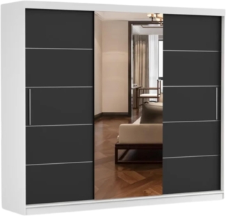 Schwebetürenschrank Alba 250 cm, Schiebetürenschrank mit Spiegel, Kleiderschrank mit Kleiderstange und Einlegeboden, Schlafzimmerschrank, Schiebetüren, Modern Design (Weiß/Schwarz)