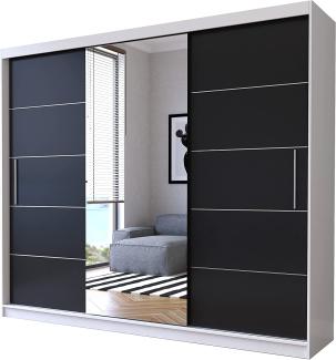 Schwebetürenschrank Alba 250 cm, Schiebetürenschrank mit Spiegel, Kleiderschrank mit Kleiderstange und Einlegeboden, Schlafzimmerschrank, Schiebetüren, Modern Design (Weiß/Schwarz)