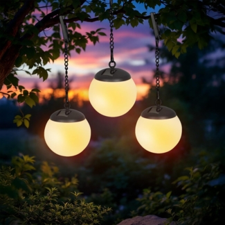Spetebo LED Solarleuchte Leuchtkugel weiß zum Hängen 29x10 cm, 3er Set, LED fest integriert, warm weiß, mit IP44 Spritzwasserschutz