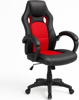 BAKAJI Sportlicher Bürostuhl, Drehstuhl, Bürostuhl, 4 Rollen, 360 ° drehbar, Modell Racer Gaming Extra Luxus Kunstleder Schwarz und Stoff (Rot)