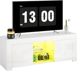 HOMCOM TV-Board mit 2 Türen, RGB LED Leuchte, Glasregal, Kabelmanagement (Hochglanz TV Lowboard, 1 St, TV Board), für Wohnzimmer Weiß 120x34x45cm