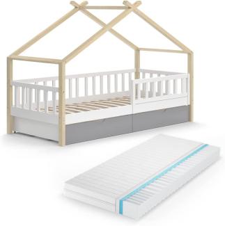 VitaliSpa Kinderbett Hausbett Einzelbett Design Weiß Grau Natur modern 90x200 cm Kinderzimmer Bett Massivholz Lattenrost Schublade Rausfallschutz Schubladenbett Matratze