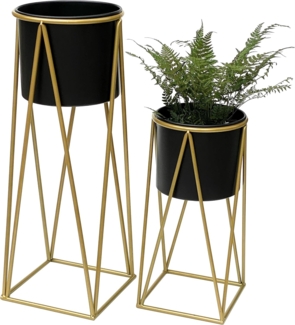 DanDiBo Blumenhocker mit Topf Metall Gold Schwarz 2er Set Blumenständer 96046 Blumensäule Modern Pflanzenständer Pflanzenhocker
