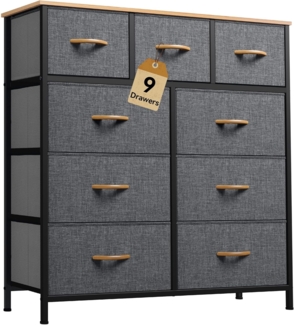 YITAHOME Kommode mit 9 Schubladen – Aufbewahrungsturm aus Stoff, Organizer für Schlafzimmer, Wohnzimmer, Flur, Schränke–Stabiler Stahlrahmen, Holzplatte und leicht zu ziehende Stoffkörbe (dunkelgrau)