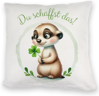 speecheese Dekokissen Erdmännchen mit Kleeblatt Kuschelkissen mit Spruch Du schaffst das