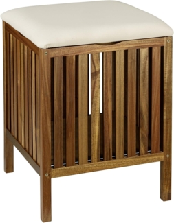 WENKO Bad- & Wohnhocker Mod. Fondi aus massivem Akazienholz mit abnehmbarem Deckel und beigem Sitzpolster Maße 39 x 52 x 39 cm Farbe Braun Beige