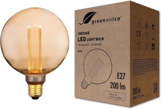 greenandco Vintage Design LED Birne zur Stimmungsbeleuchtung | E27 G125 | gold | 4W 200lm | 1800K extra warmweiß | 320° | 230V | flimmerfrei | nicht dimmbar | Edison Glühbirne