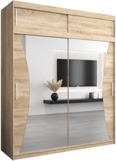 Kryspol Schwebetürenschrank Monaco 200 cm mit Spiegel Kleiderschrank mit Kleiderstange und Einlegeboden Schlafzimmer- Wohnzimmerschrank Schiebetüren Modern Design (Sonoma mit Erweiterung)