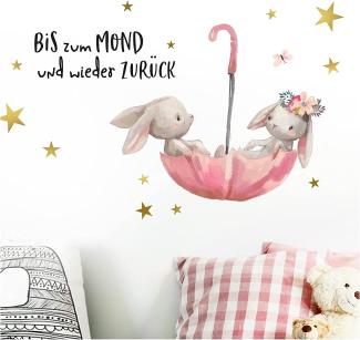 Little Deco 'Bis zum Mond/Hasen im Regenschirm' Wandtattoo Spruch