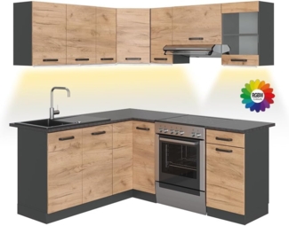 Vicco Eckküche Anthrazit/Goldkraft Eiche 187 x 167 cm , AP Schwarz mit LED-Leisten, Rick