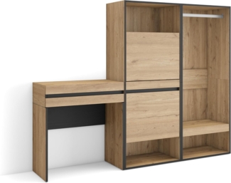 Skraut Home | Konsolentisch, Flurtisch | Beistelltisch für Eingang | 190 x 145 x 35 cm | mit Schublade | Schuhschrank | Offener Kleiderschrank | Moderner Stil | Eiche
