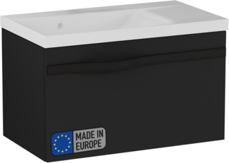 BADEDU FILS Waschbecken mit Unterschrank 69 cm breit, Schwarz, Waschbecken Gussmarmor Weiß, Griff Schwarz