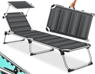 KESSER® Sonnenliege SUN mit Dach Gartenliege Liegestuhl klappbar Sonnendach Verstellbarer Rückenlehne , ergonomisch, gepolsterter Liegefläche, Aluminium Liege Gartenstuhl tragbar Strandliege Anthrazit