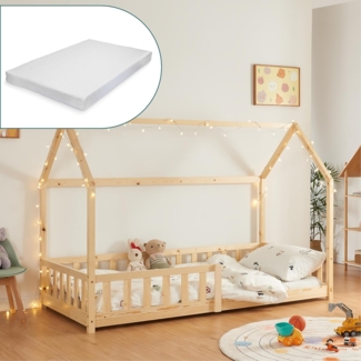 Hausbett Hesel, Kinderbett, Lattenrost und Matratze, Holzoptik, 90x200 cm