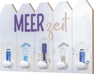 Levandeo® Wandgarderobe, Wandgarderobe L40cm Meerzeit Blau Weiß Holz Maritim 5 Haken Wandbild