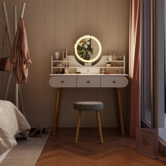 Vicco Schminktisch Weiß 100 cm mit LED-Spiegel und Hocker, Edda