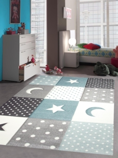 Carpetia Kinderteppich Kinderteppich Spielteppich Junge Stern Mond in blau hellblau türkis, rechteckig, Höhe: 13 mm