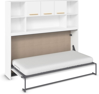 Rauch Möbel Albero, Bett, Schrankbett, Querklappbett, platzsparendes Wandbett mit Bettüberbau, Regal und Lattenrost, Liegefläche 90x200 cm, Farbe Weiß, Griffe Eiche massiv, 214 x 197 x 44 cm
