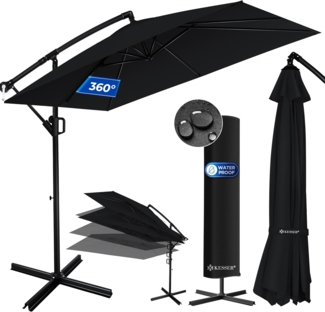 KESSER® 'Holly' Ampelschirm ohne LED Solar, inkl. Ständer, Abdeckung & Windsicherung mit Kurbel, Aluminium schwarz, Ø 350 cm