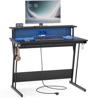 Vasagle Schreibtisch, Gaming Tisch mit eingebauter Steckdosenleiste, Computertisch, mit Monitorständer für 2 Monitore, Schlafzimmer, 60 x 100 x 76 cm, rußschwarz LWDDE191B02