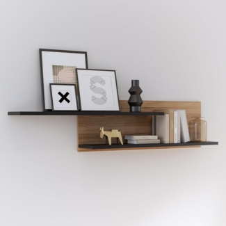 Forte MOKKARO Wandregal L 161, Paneel mit 2 Regalböden, Holzwerkstoff, Mauvella Eiche Dekor/Schwarz, 161 cm breit, 36,2 cm hoch, 21,9 cm tief