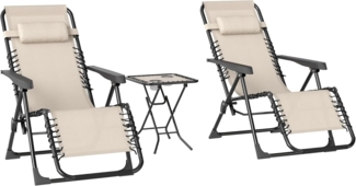 Outsunny Gartenliege mit Teetisch, 2 Stühle, Kopfkissen, aus Metall, 3-TLG. Sonnenliege, 1 St, wetterfest Relaxliege, für Garten, Terrasse, 90 x 56 x 110 cm, Beige