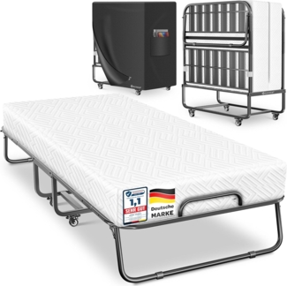 KESSER® Klappbett 200x90cm Gästebett inkl. Matratze aus Memory-Schaum & Rollen | faltbares Reisebett mit Metallrahmen für Erwachsene belastbar bis 250kg | Metallbett mit Schaumstoffmatratze & Cover Weiß, Premium Komfort