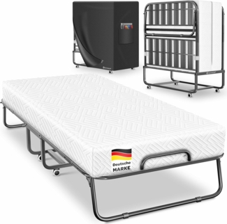 KESSER® Klappbett 200x90cm Gästebett inkl. Matratze aus Memory-Schaum & Rollen | faltbares Reisebett mit Metallrahmen für Erwachsene belastbar bis 250kg | Metallbett mit Schaumstoffmatratze & Cover Weiß, Premium Komfort
